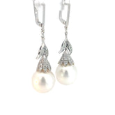 14k White Gold .55ct G  VS2 Round Diamond and South Sea Natural Pearl  13.5mm Vintage 1 1/2 inch Long Earrings